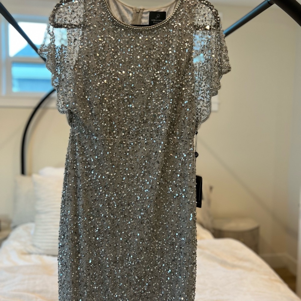 adrianna papell silver sequin dress ap1e202224 flutter sleeve. Scalloped bottom
